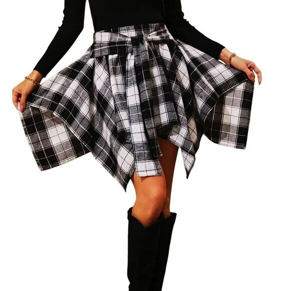 skirt Dresses & Skirts - Women's Flannel Asymmetrical Hemline Plaid Front Tie Skirt XLARGE #1